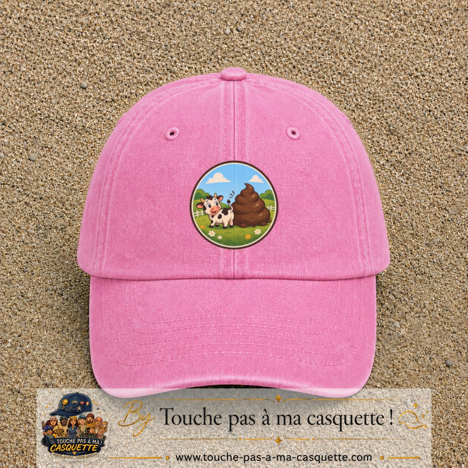 Image principale produit161grosRS - casquette Rose délavé avec visuel Vache humour crotte 7 cm