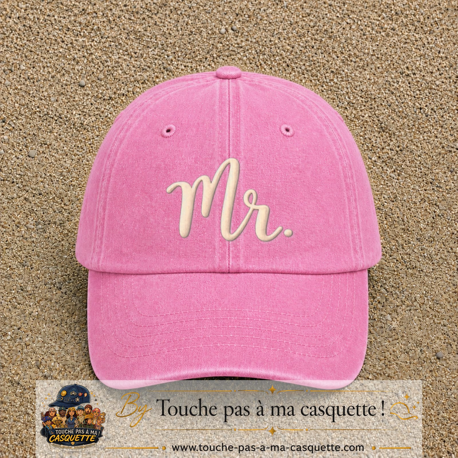 Image principale produit111grosRS - casquette Rose délavé avec visuel Mr blanc 7 cm