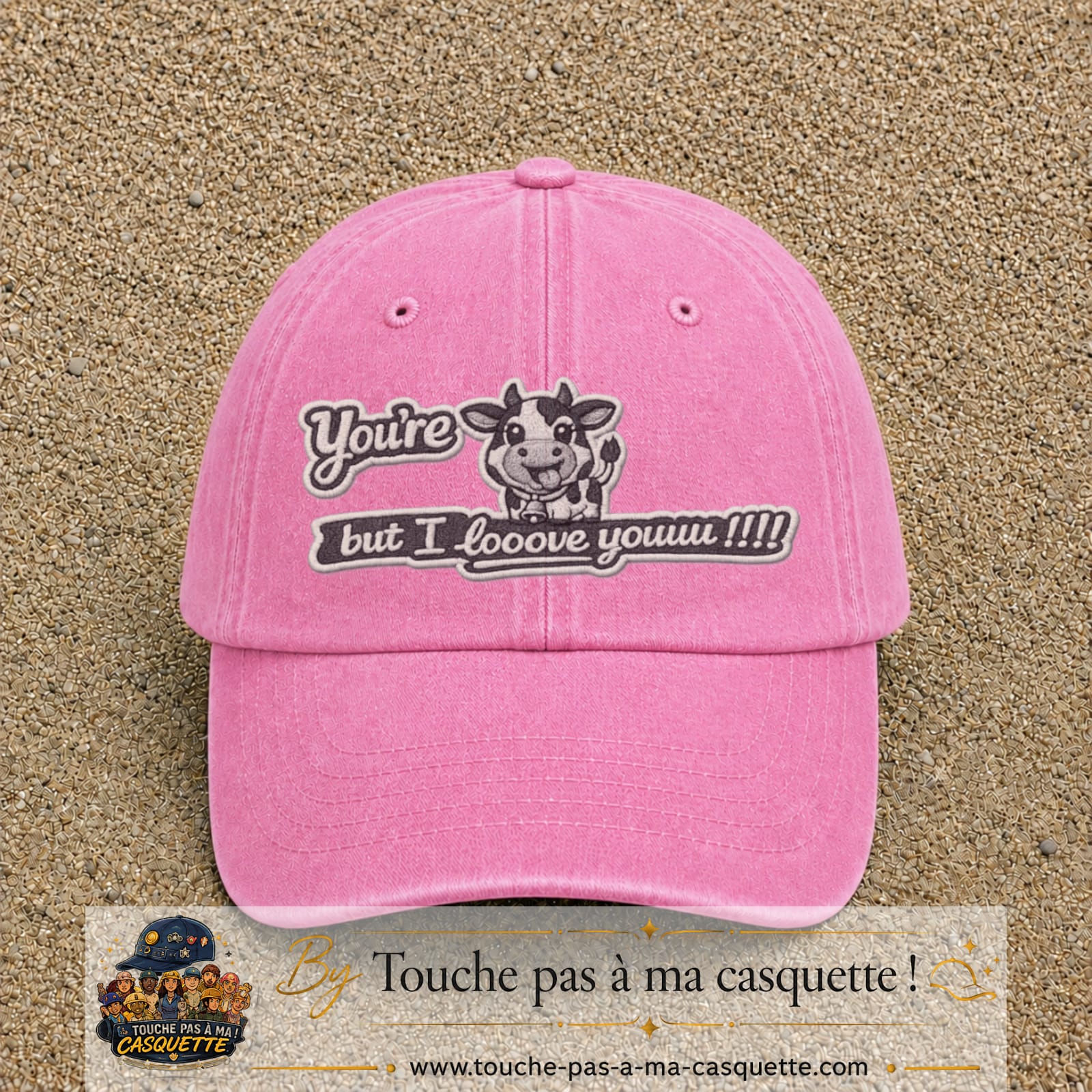 Image principale produit121grosRS - casquette Rose délavé avec visuel Vache message anglais 7 cm