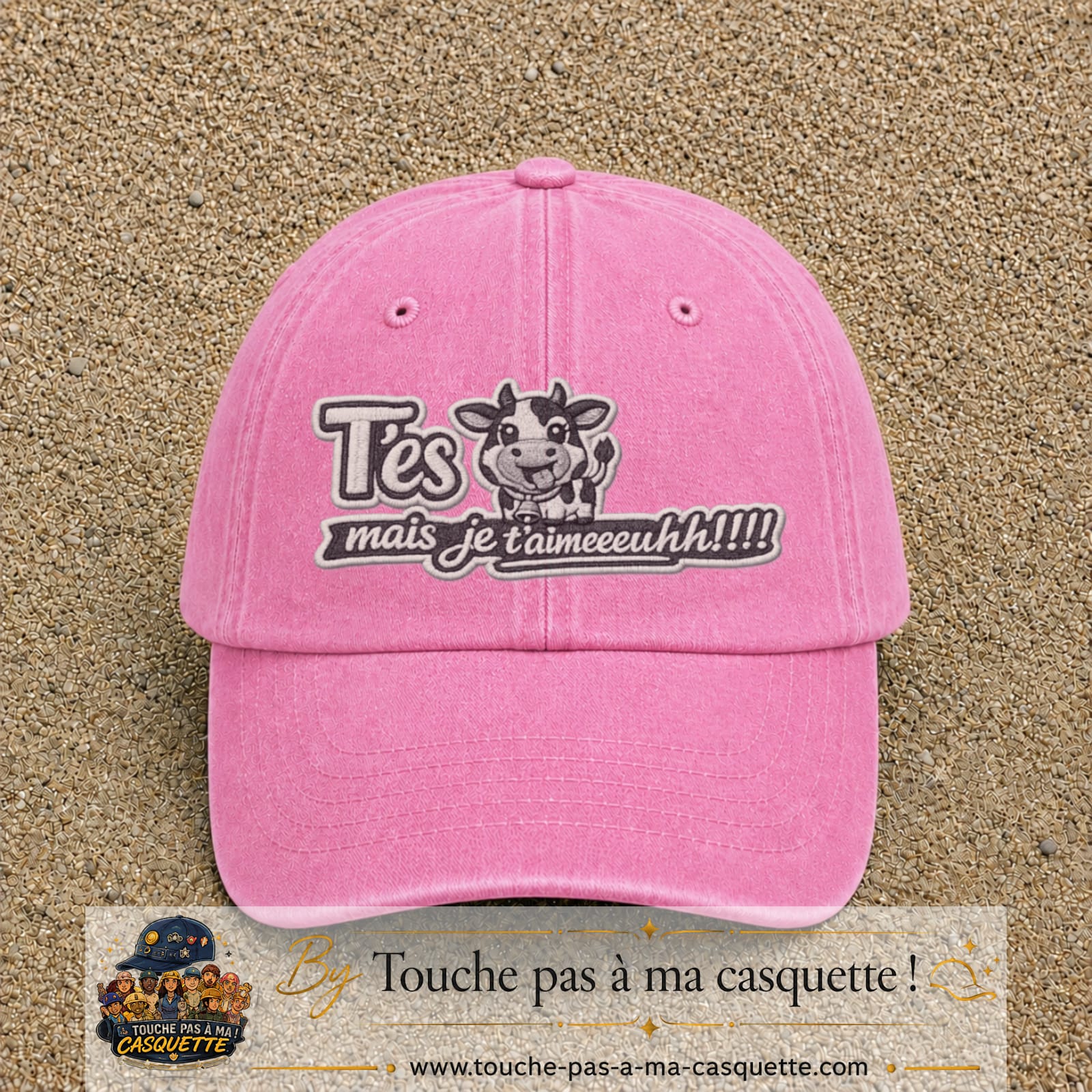 Image principale produit122grosRS - casquette Rose délavé avec visuel Vache message français 7 cm