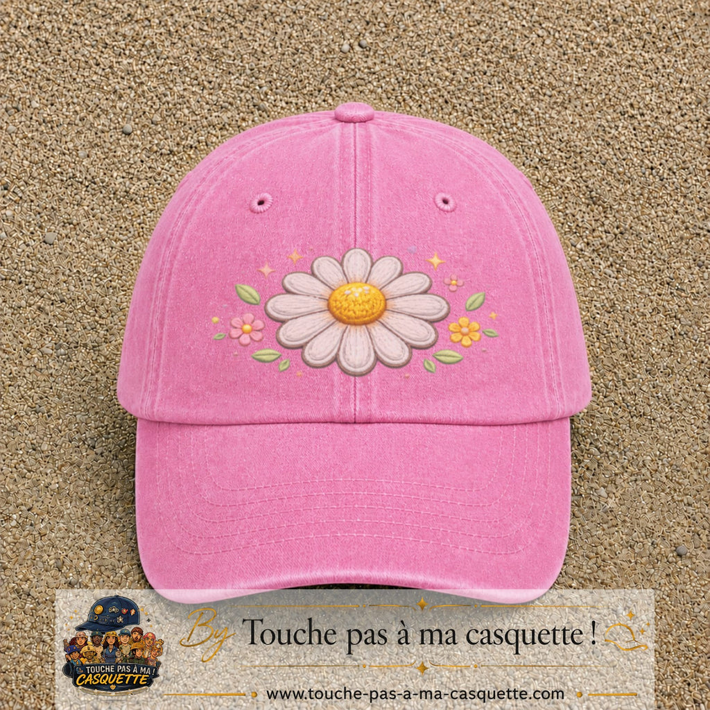Image principale produit120grosRS - casquette Rose délavé avec visuel Marguerite horizontale 7 cm