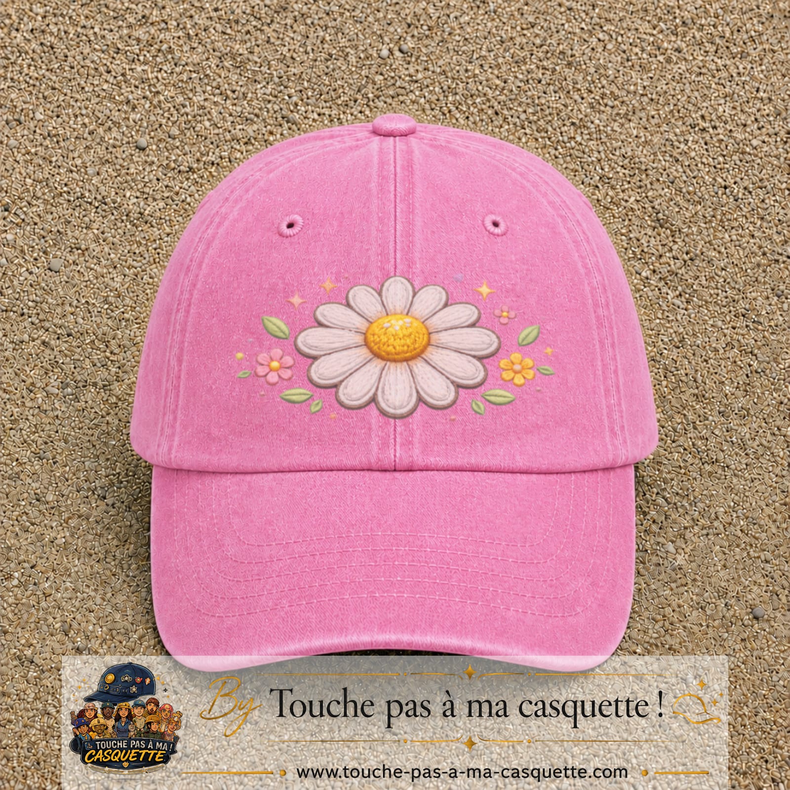 Image principale produit120grosRS - casquette Rose délavé avec visuel Marguerite horizontale 7 cm