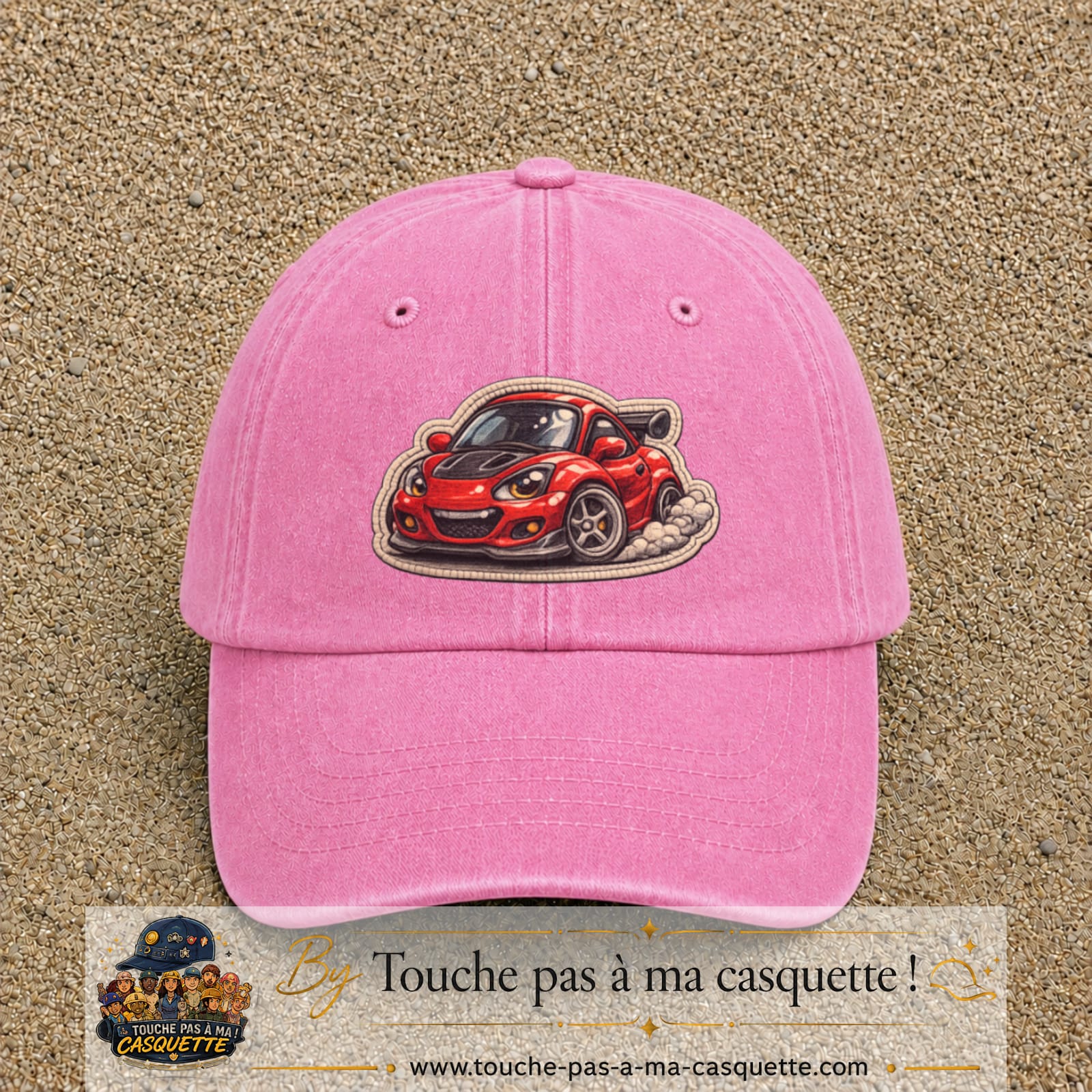 Image principale produit93grosRS - casquette Rose délavé avec visuel Voiture rouge 7 cm