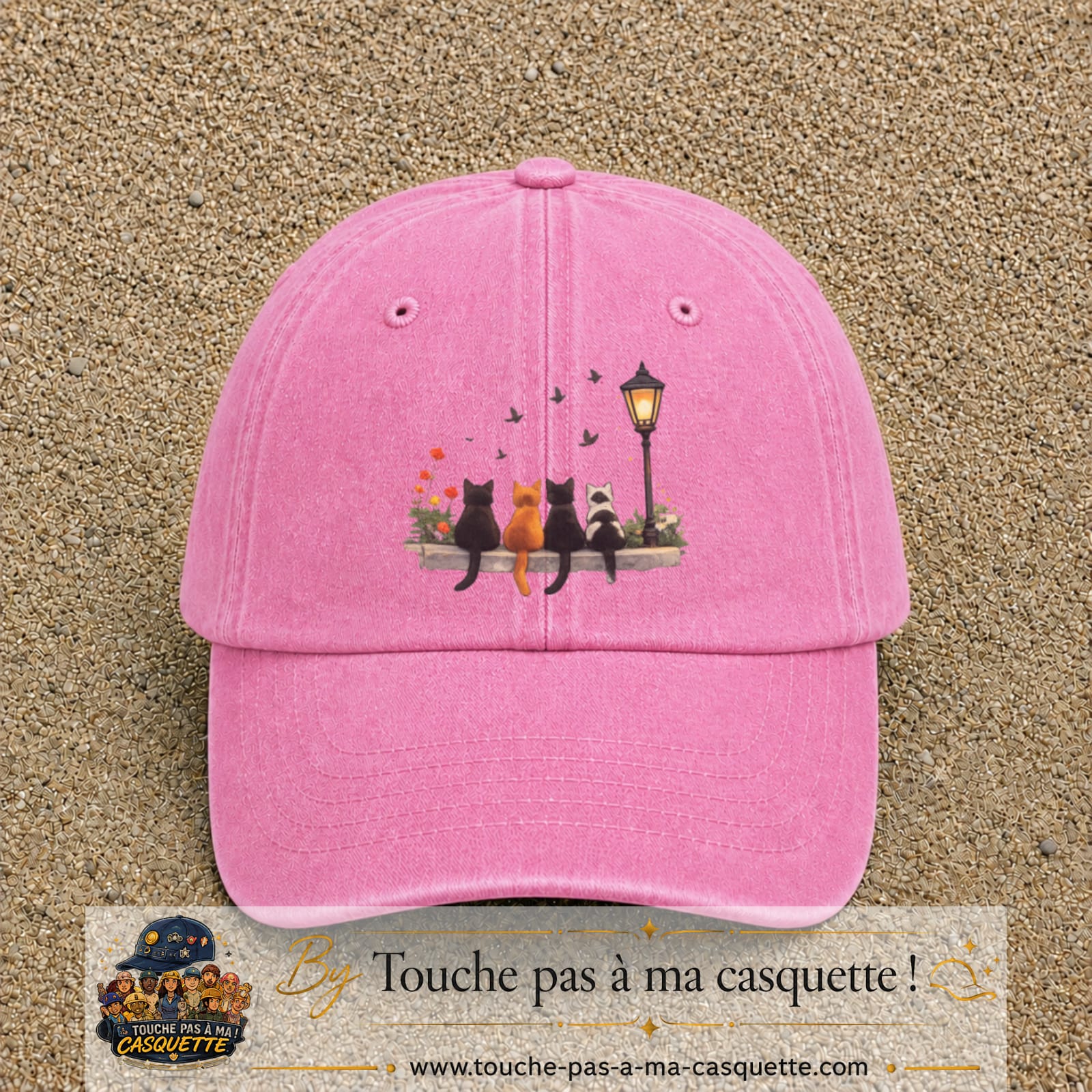 Image principale produit35grosRS - casquette Rose délavé avec visuel Chats noirs banc automne 7 cm
