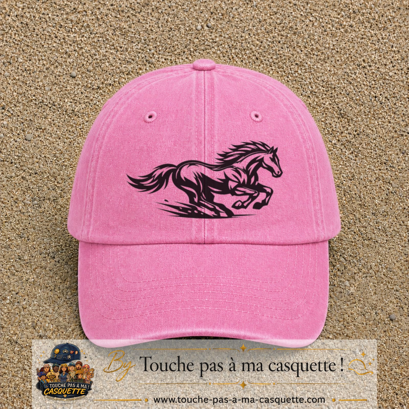 Image principale produit127grosRS - casquette Rose délavé avec visuel Cheval au galop 7 cm