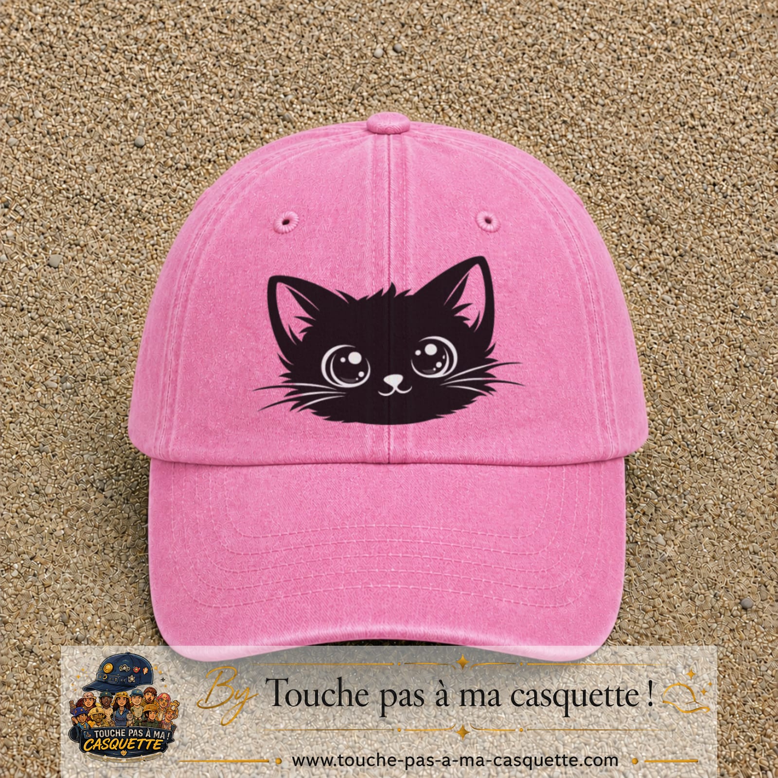 Image principale produit2grosRS - casquette Rose délavé avec visuel Chat noir yeux ronds 7 cm