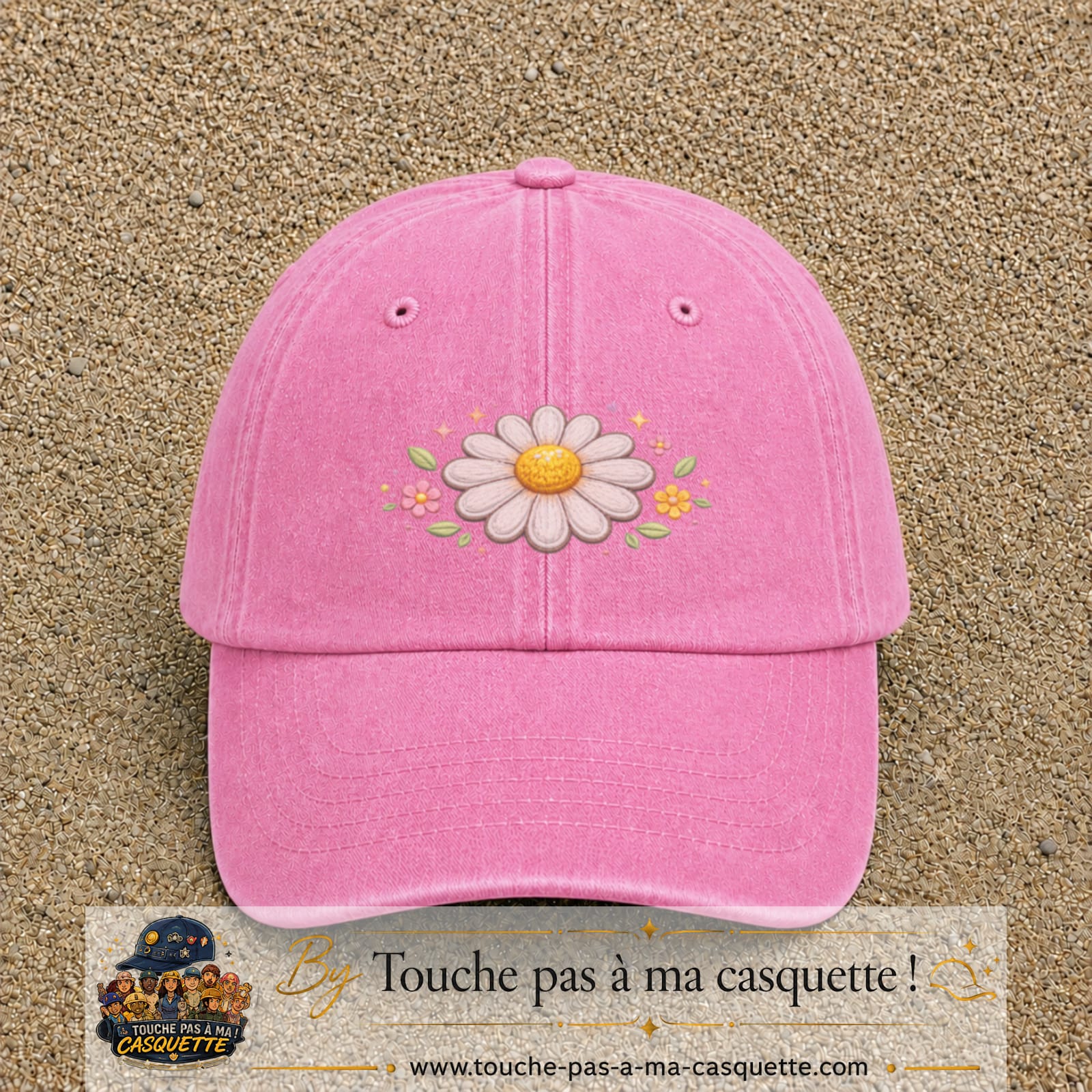 Image principale produit120moyenRS - casquette Rose délavé avec visuel Marguerite horizontale 5 cm