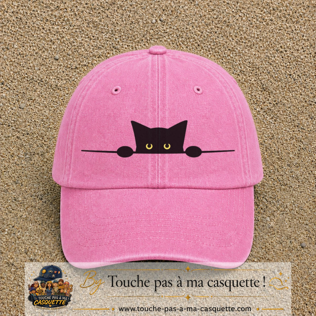 Image principale produit14grosRS - casquette Rose délavé avec visuel Chat noir caché pattes 7 cm