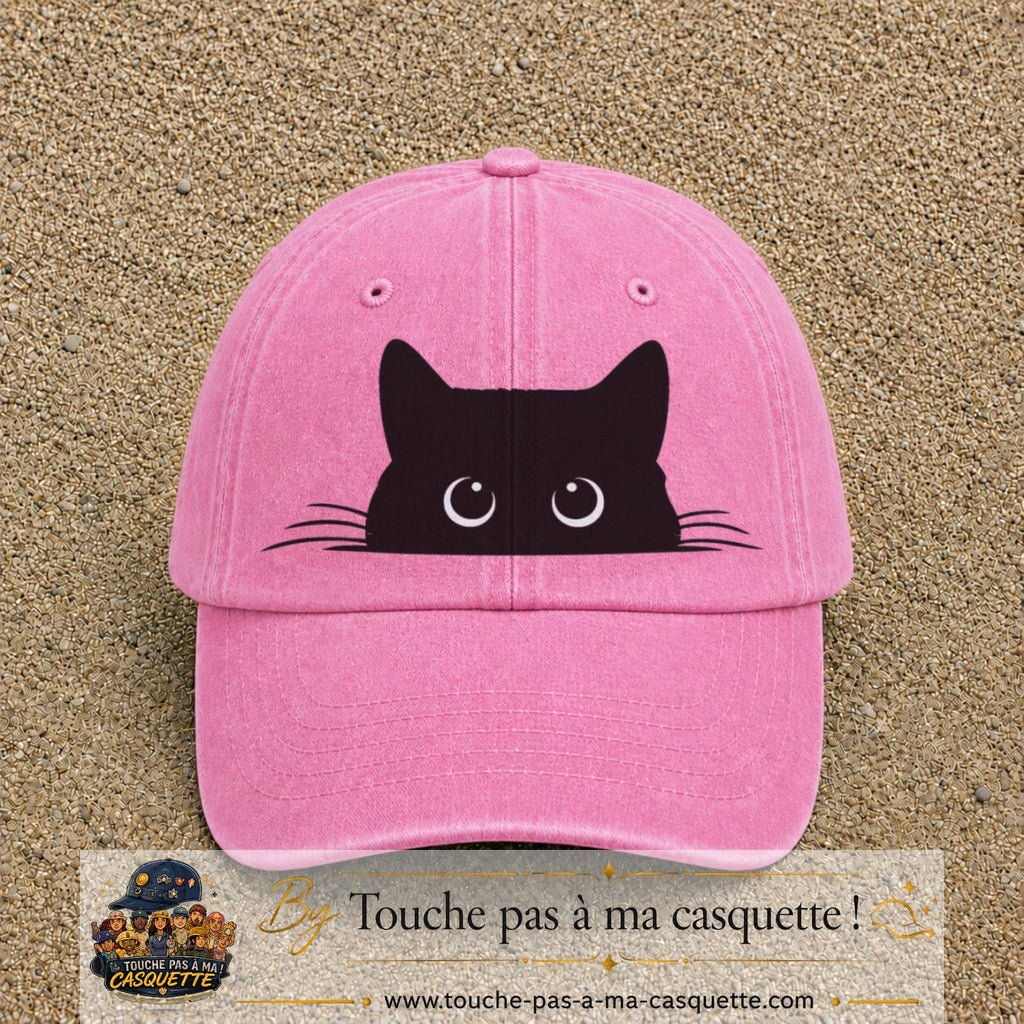 Image principale produit16grosRS - casquette Rose délavé avec visuel Chat noir caché yeux ronds 7 cm