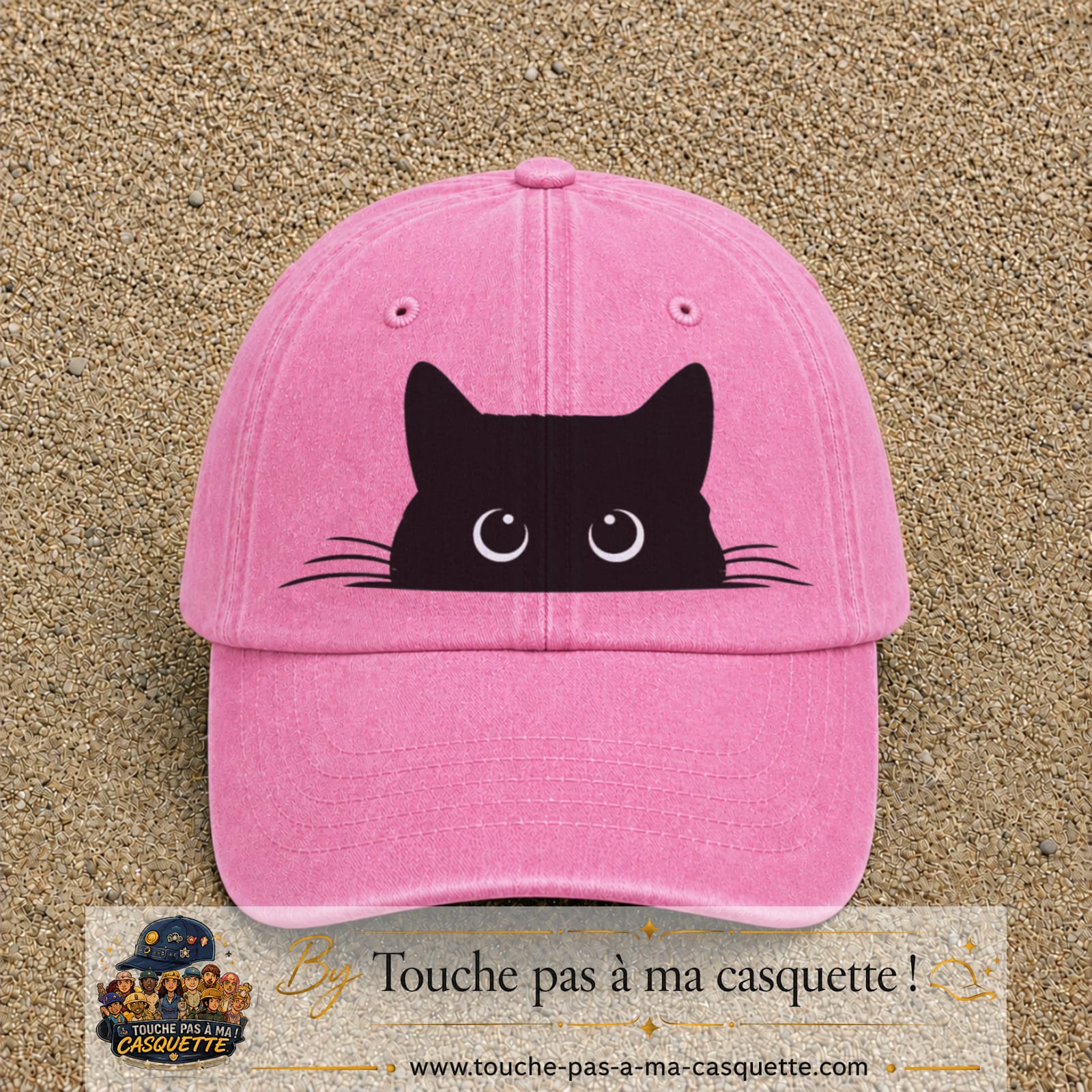 Image principale produit16grosRS - casquette Rose délavé avec visuel Chat noir caché yeux ronds 7 cm
