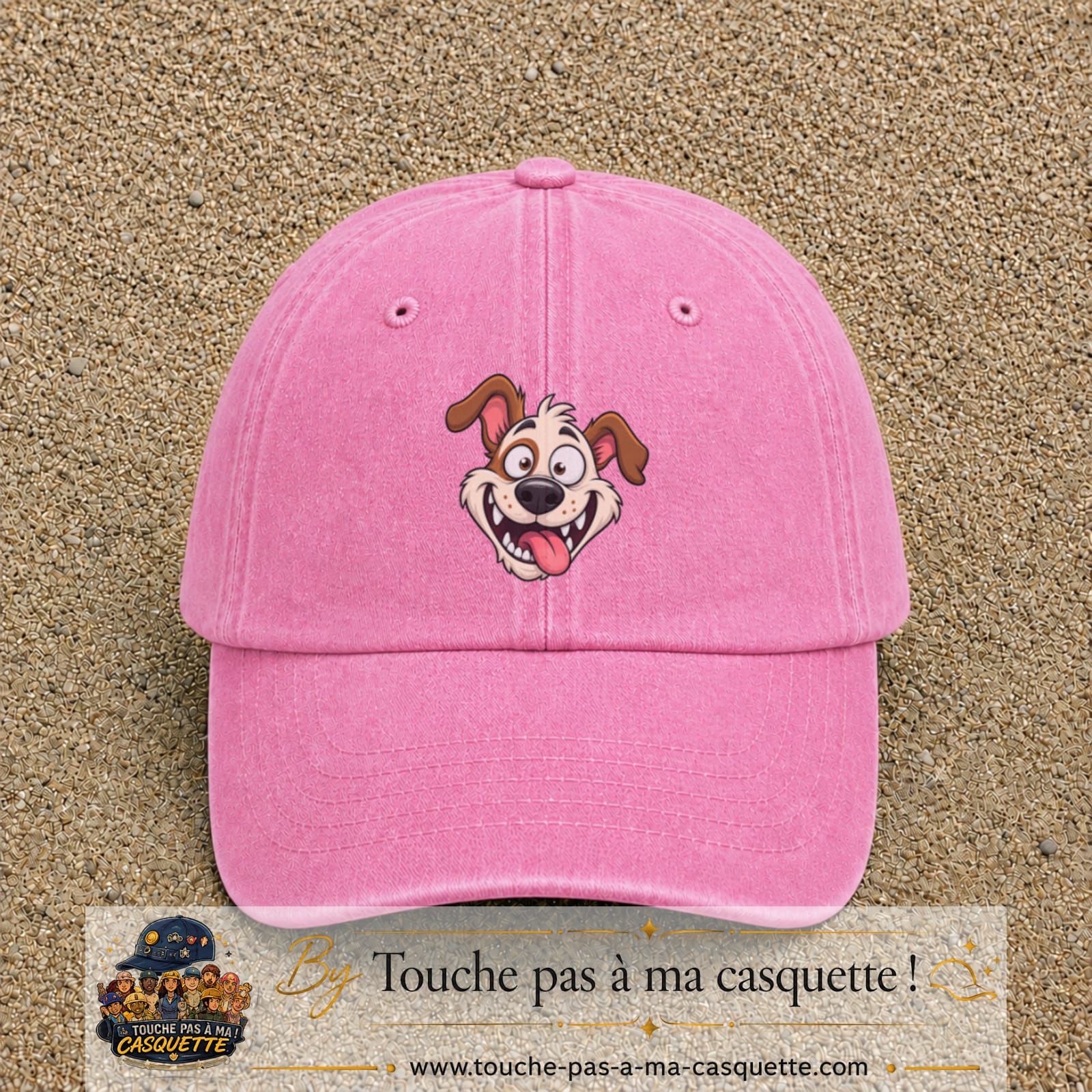 Image principale produit181grosRS - casquette Rose délavé avec visuel Chien souriant 7 cm