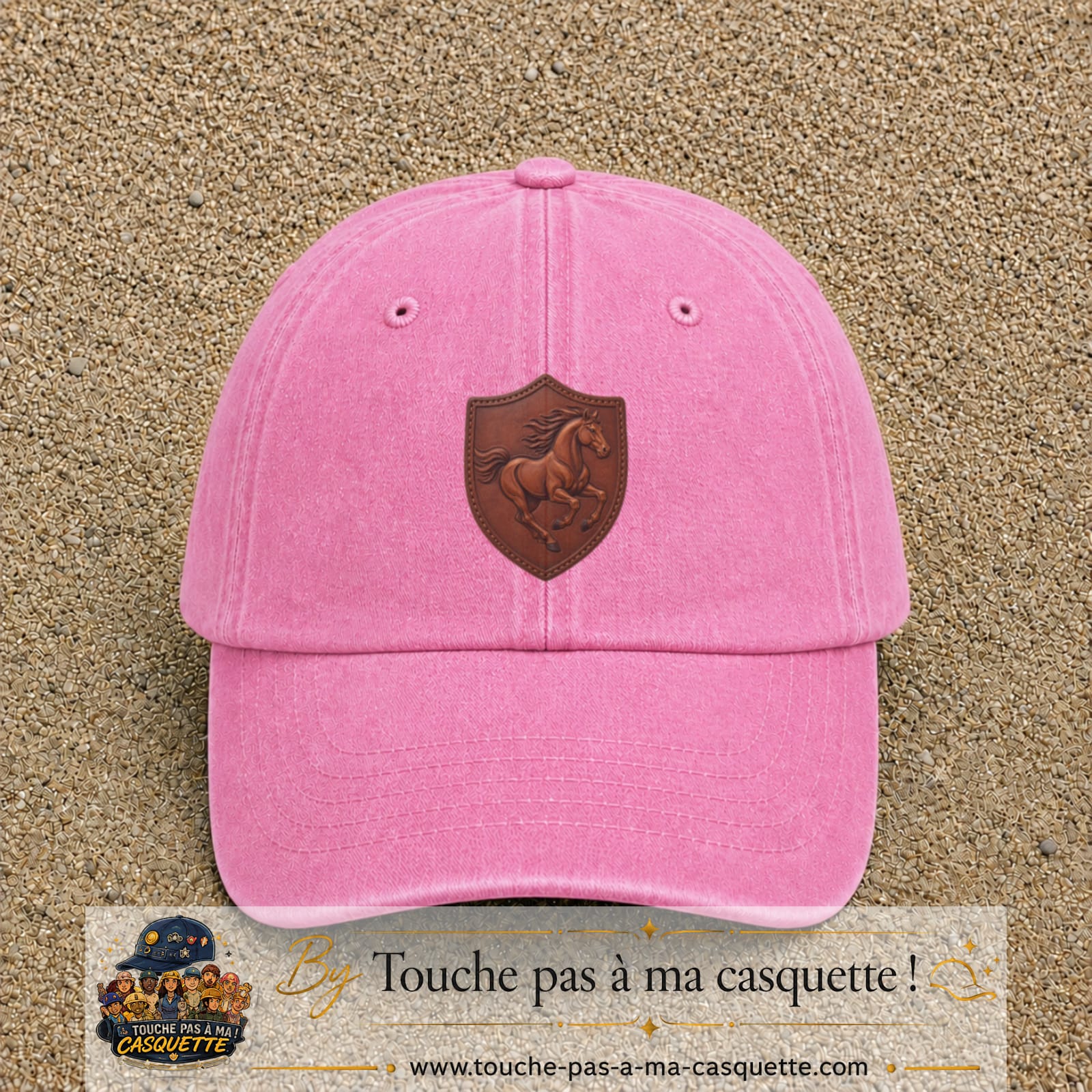 Image principale produit193grosRS - casquette Rose délavé avec visuel Cheval écusson cuir 7 cm