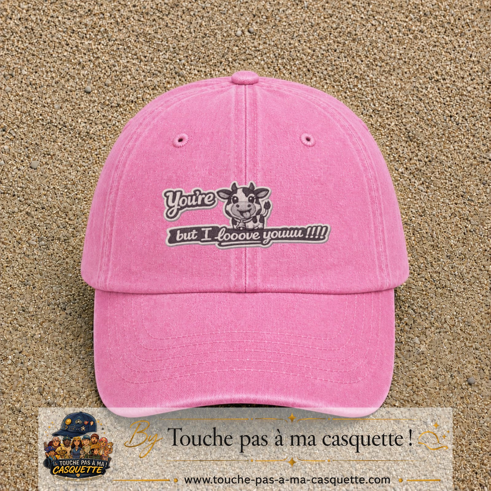 Image principale produit121moyenRS - casquette Rose délavé avec visuel Vache message anglais 5 cm