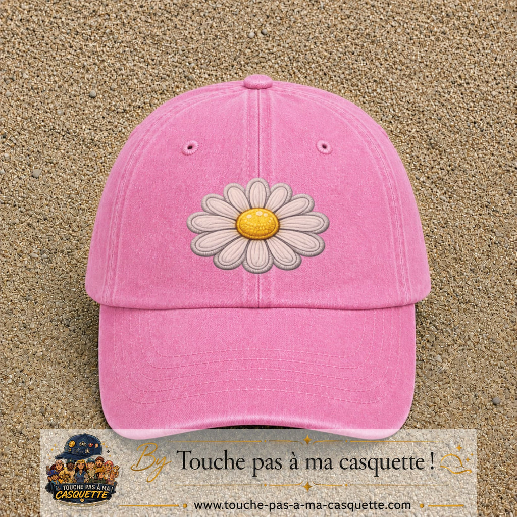 Image principale produit104grosRS - casquette Rose délavé avec visuel Marguerite simple 7 cm