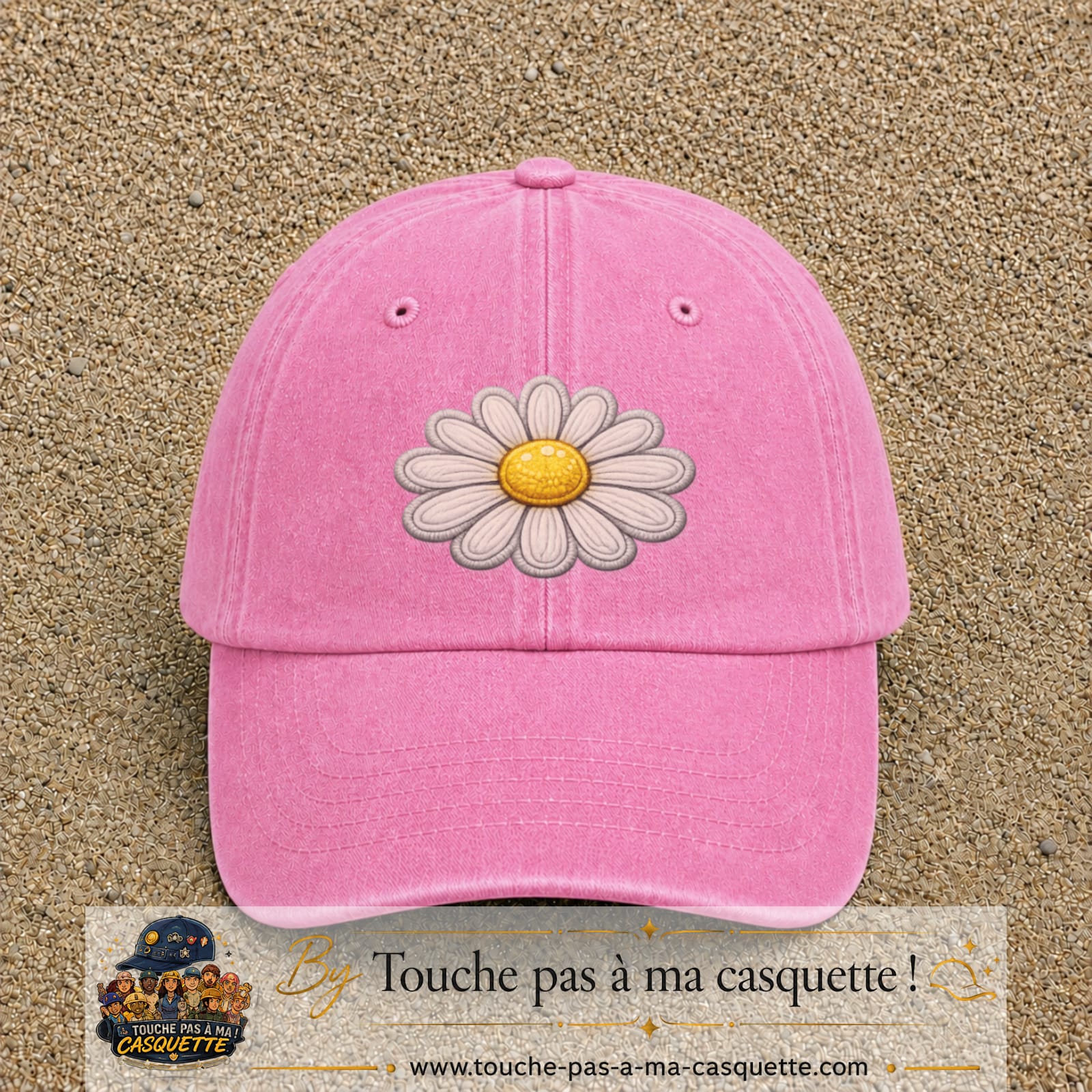 Image principale produit104grosRS - casquette Rose délavé avec visuel Marguerite simple 7 cm