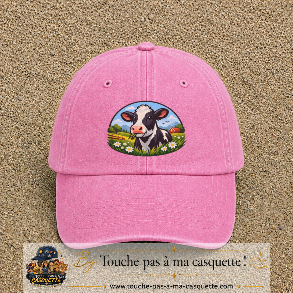 Image principale produit72grosRS - casquette Rose délavé avec visuel Vache paysage 7 cm