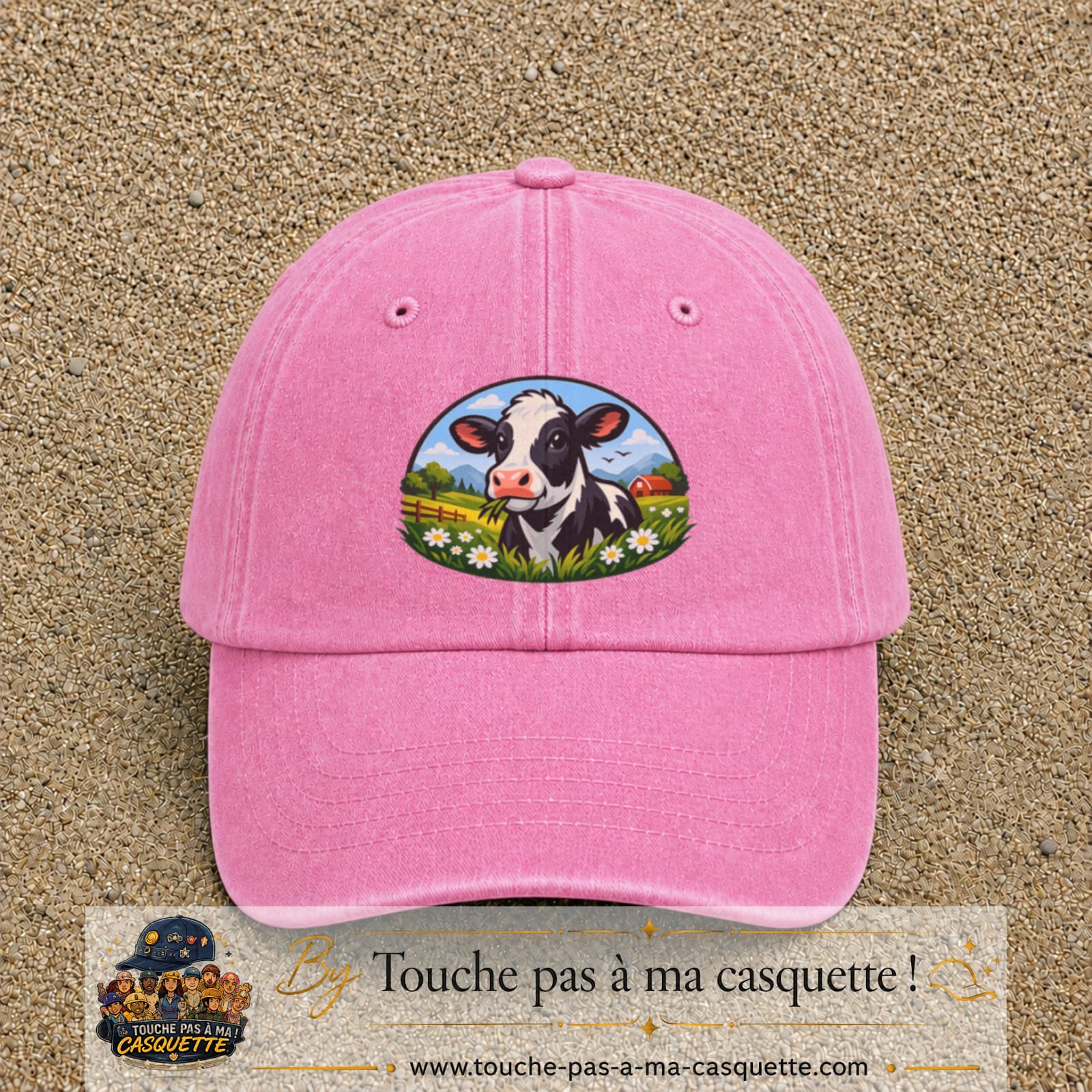 Image principale produit72grosRS - casquette Rose délavé avec visuel Vache paysage 7 cm