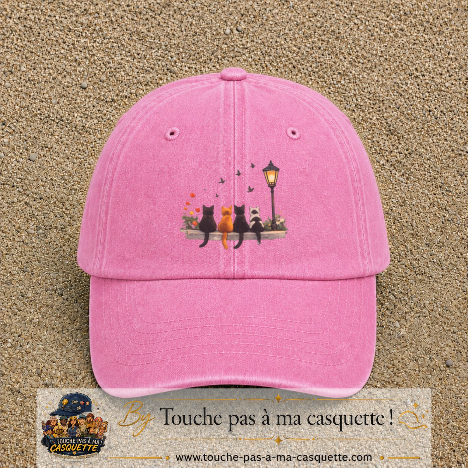Image principale produit195grosRS - casquette Rose délavé avec visuel Chats réverbère 7 cm
