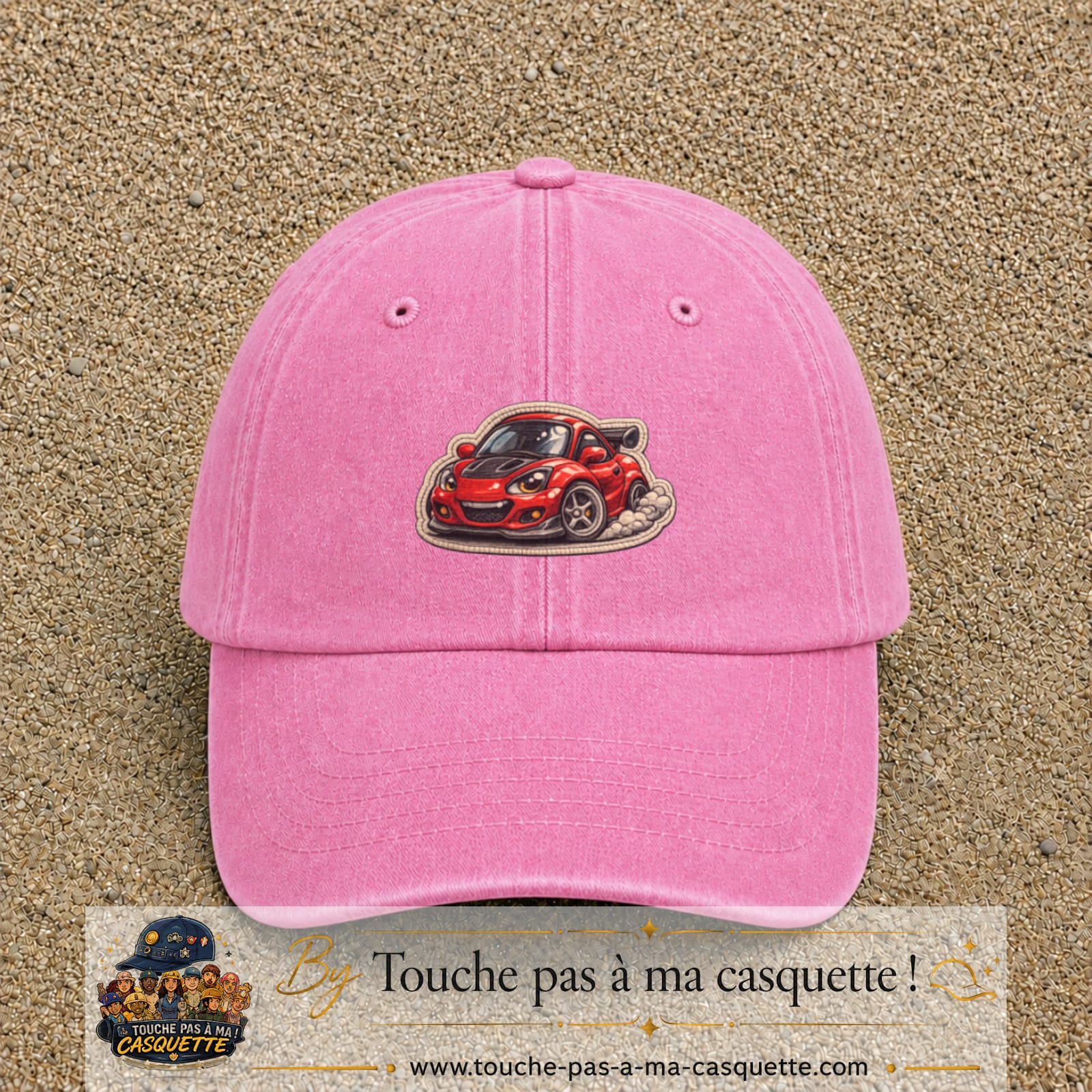Image principale produit93moyenRS - casquette Rose délavé avec visuel Voiture rouge 5 cm