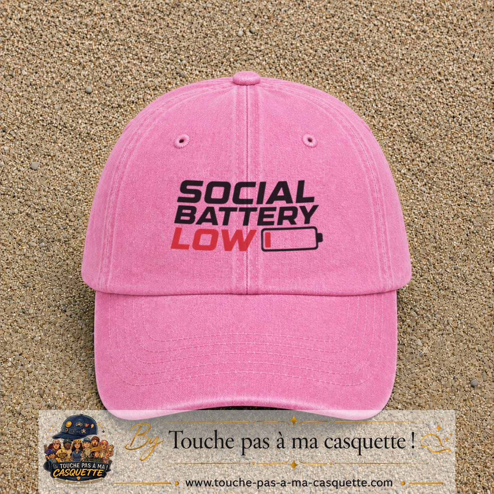 Casquette Rose délavé 100% coton avec motif Social Battery Low 7 cm - image principale
