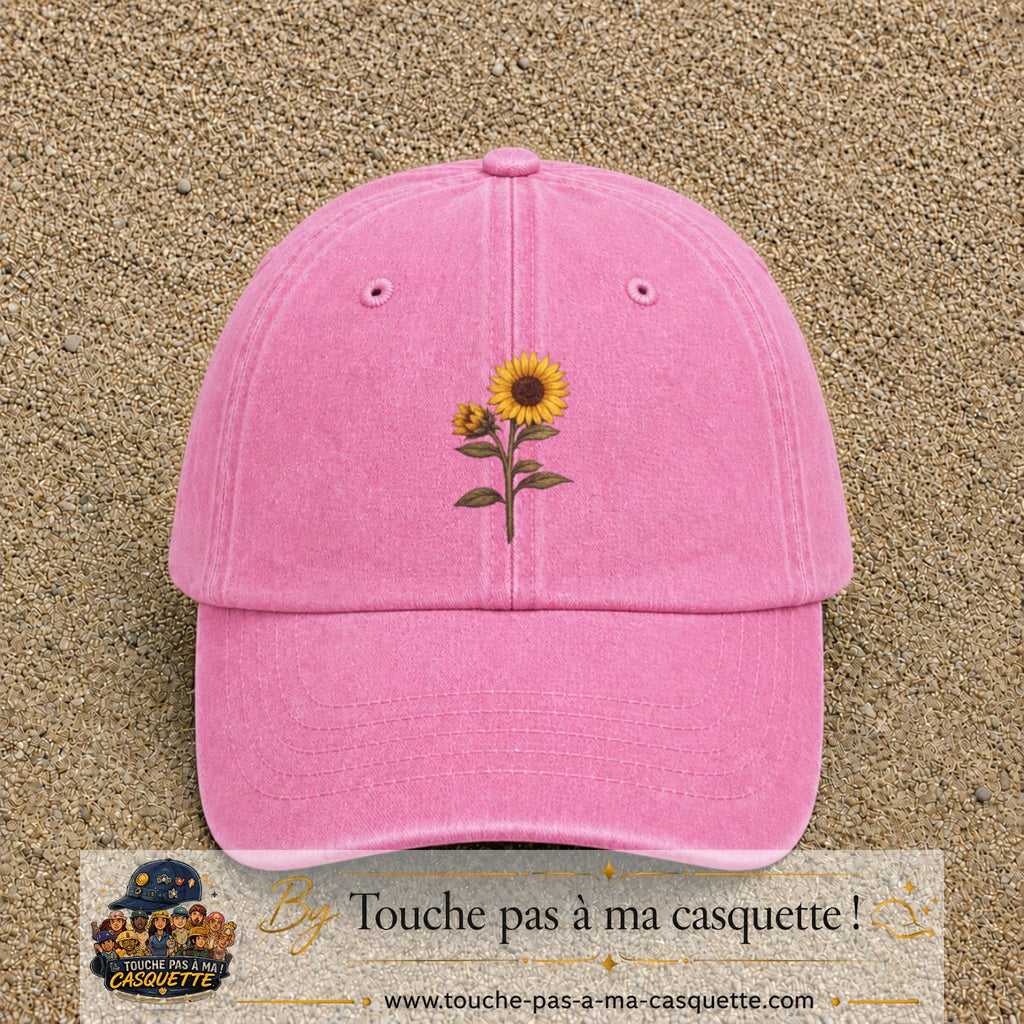 Casquette baseball Rose délavé 100% coton avec visuel Tournesol 7 cm - image produit principale