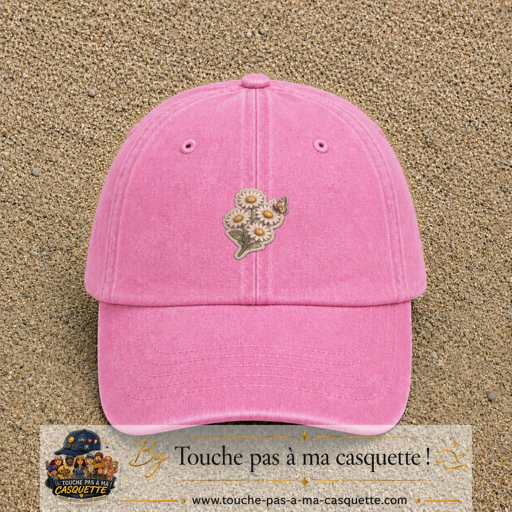 Casquette Rose délavé motif Marguerites avec papillon 5 cm - vue principale