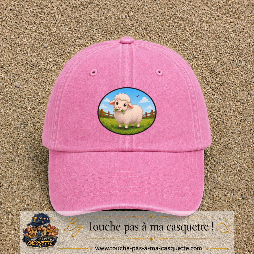 Casquette baseball Rose délavé 100% coton avec visuel Mouton à la ferme 7 cm - image produit principale