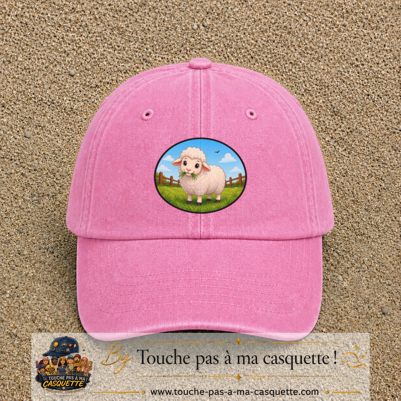 Casquette baseball Rose délavé 100% coton avec visuel Mouton à la ferme 7 cm - image produit principale