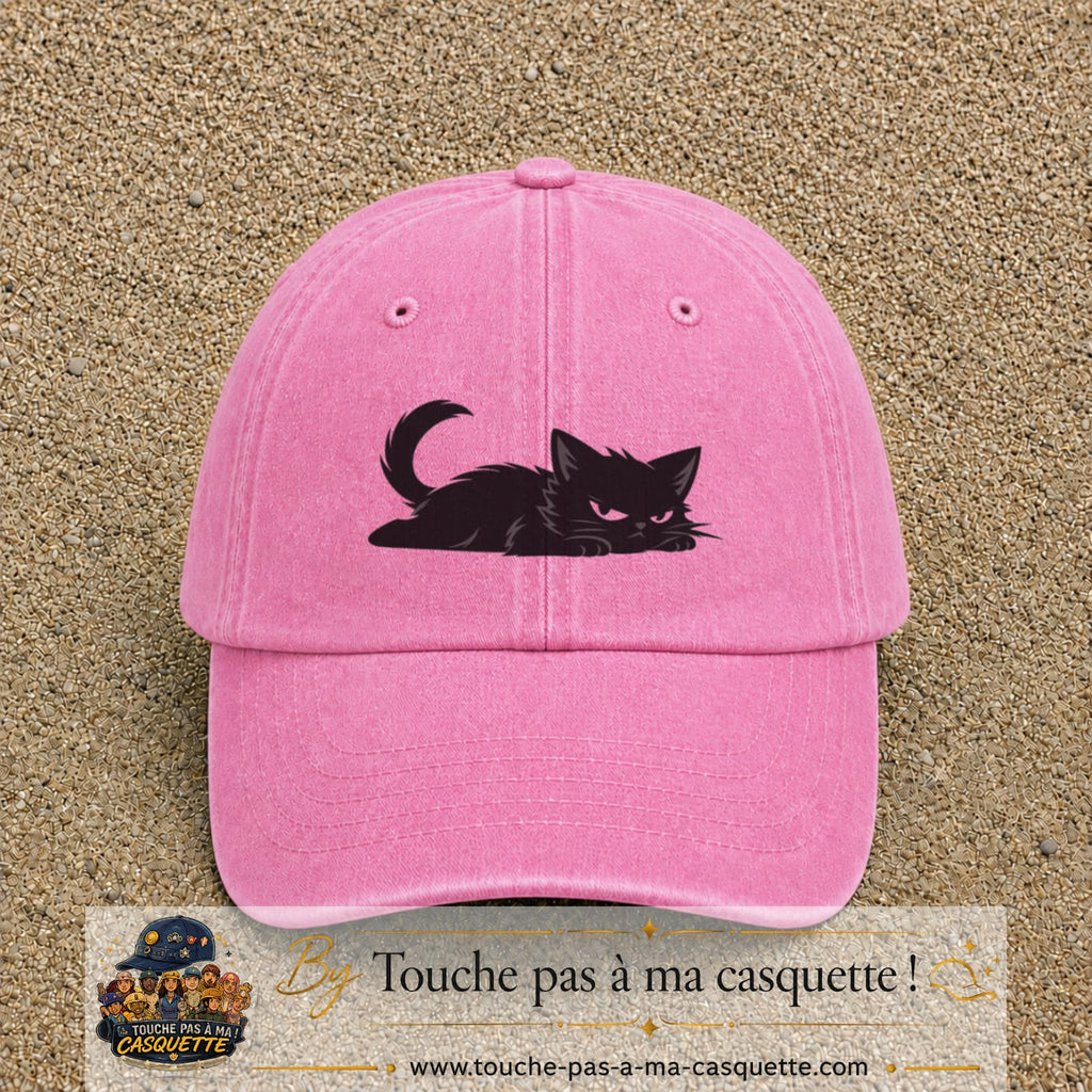 Casquette baseball Rose délavé 100% coton avec visuel Chat noir couché 5 cm - image produit principale