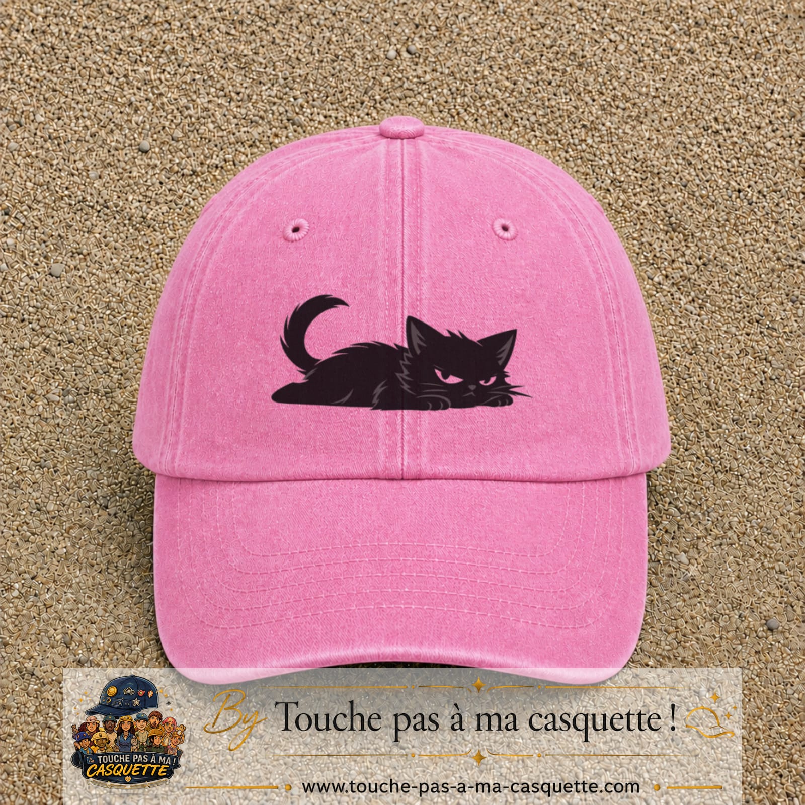 Casquette baseball Rose délavé 100% coton avec visuel Chat noir couché 5 cm - image produit principale