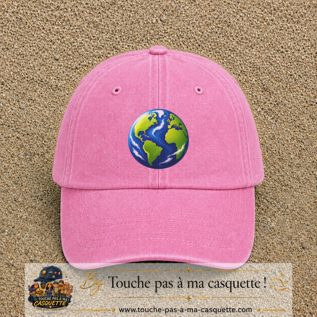 Casquette baseball Rose délavé 100% coton avec visuel Planète Terre cartoon 7 cm - image produit principale