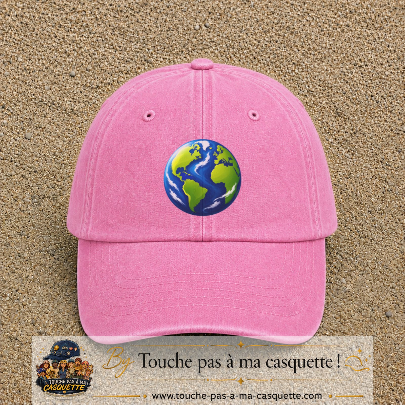 Casquette baseball Rose délavé 100% coton avec visuel Planète Terre cartoon 7 cm - image produit principale