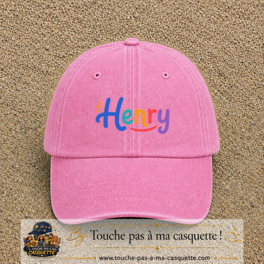 Casquette baseball Rose délavé 100% coton avec visuel Prénom Henry coloré 5 cm - image produit principale