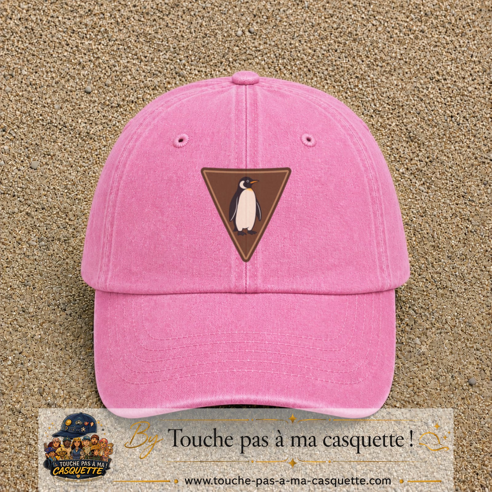 Casquette baseball Rose délavé 100% coton avec visuel Pingouin panneau 7 cm - image produit principale
