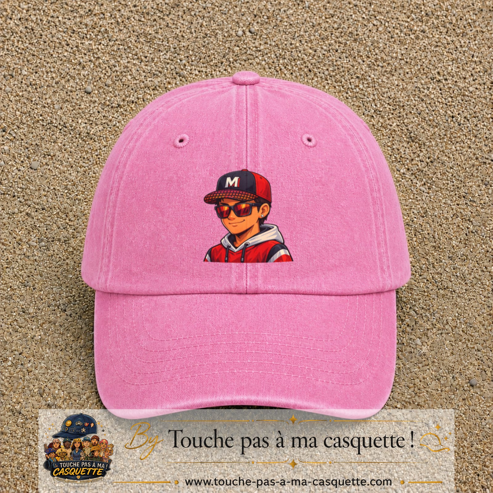 Casquette Rose délavé 100% coton avec motif Garçon casquette rouge et lunettes 7 cm - image principale