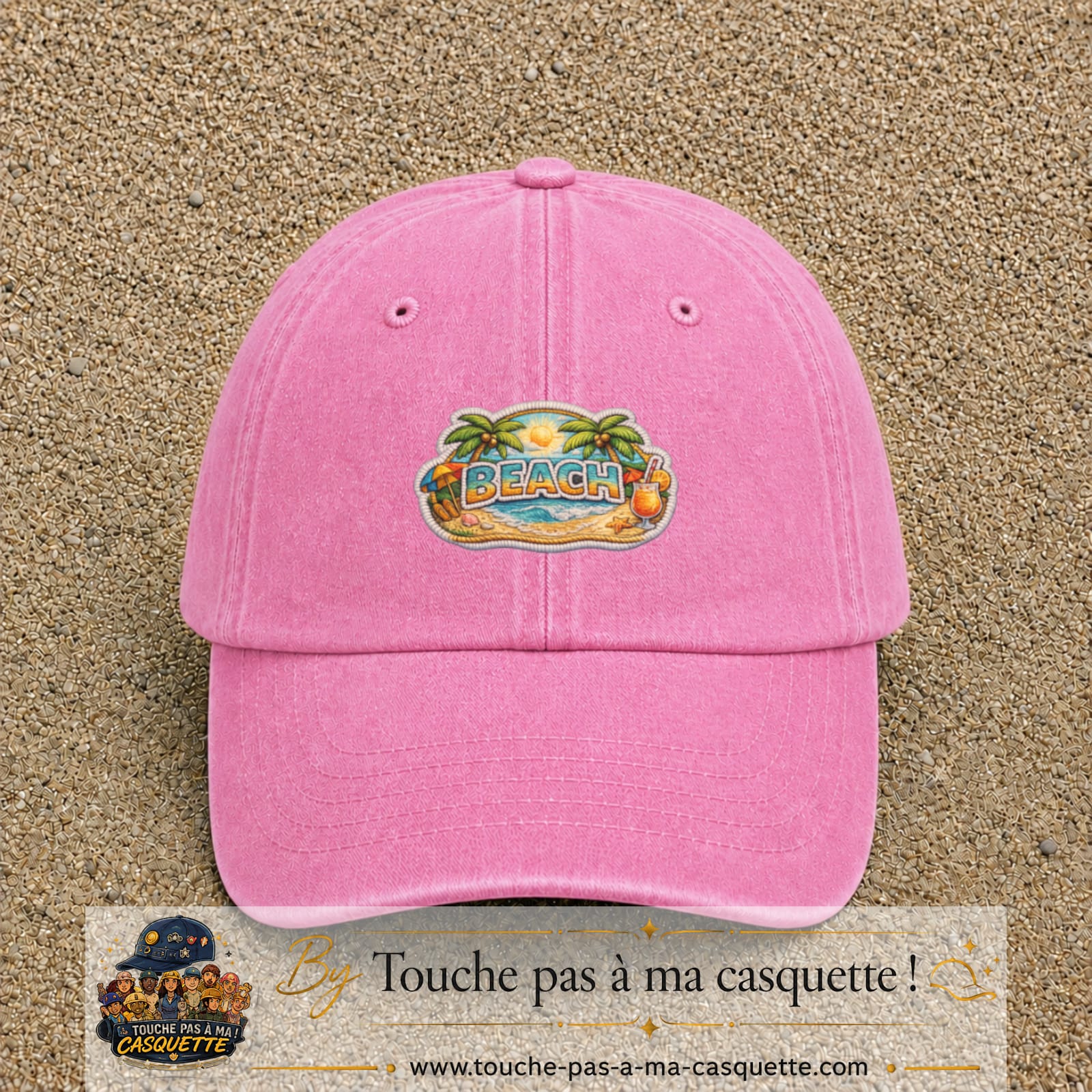 Casquette Rose délavé motif Plage tropicale Beach 5 cm - vue principale