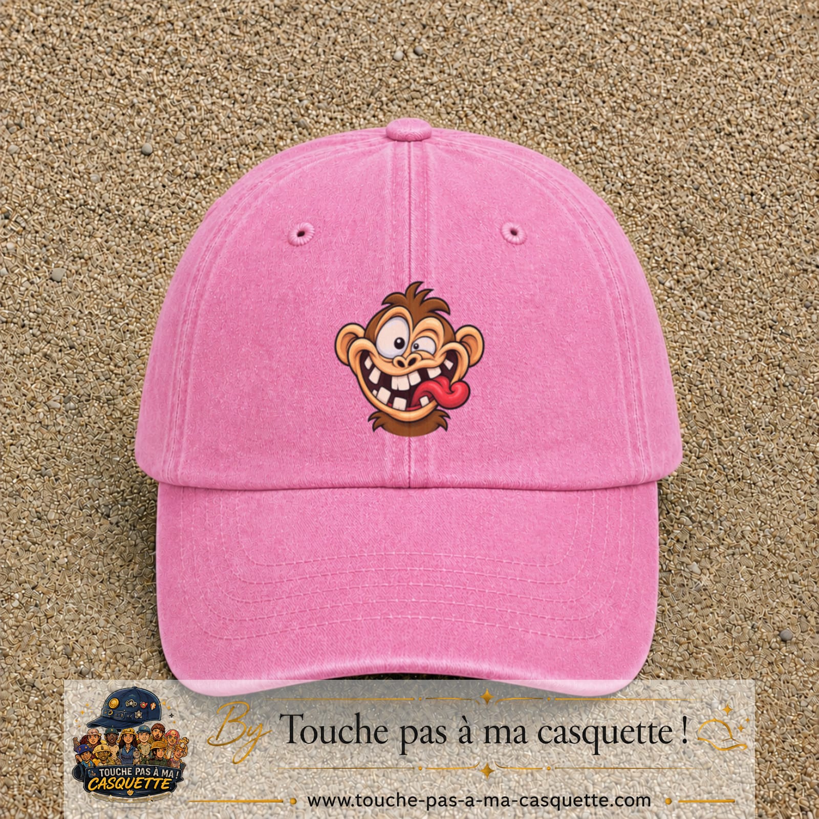 Casquette baseball Rose délavé 100% coton avec visuel Singe fou grimace 7 cm - image produit principale
