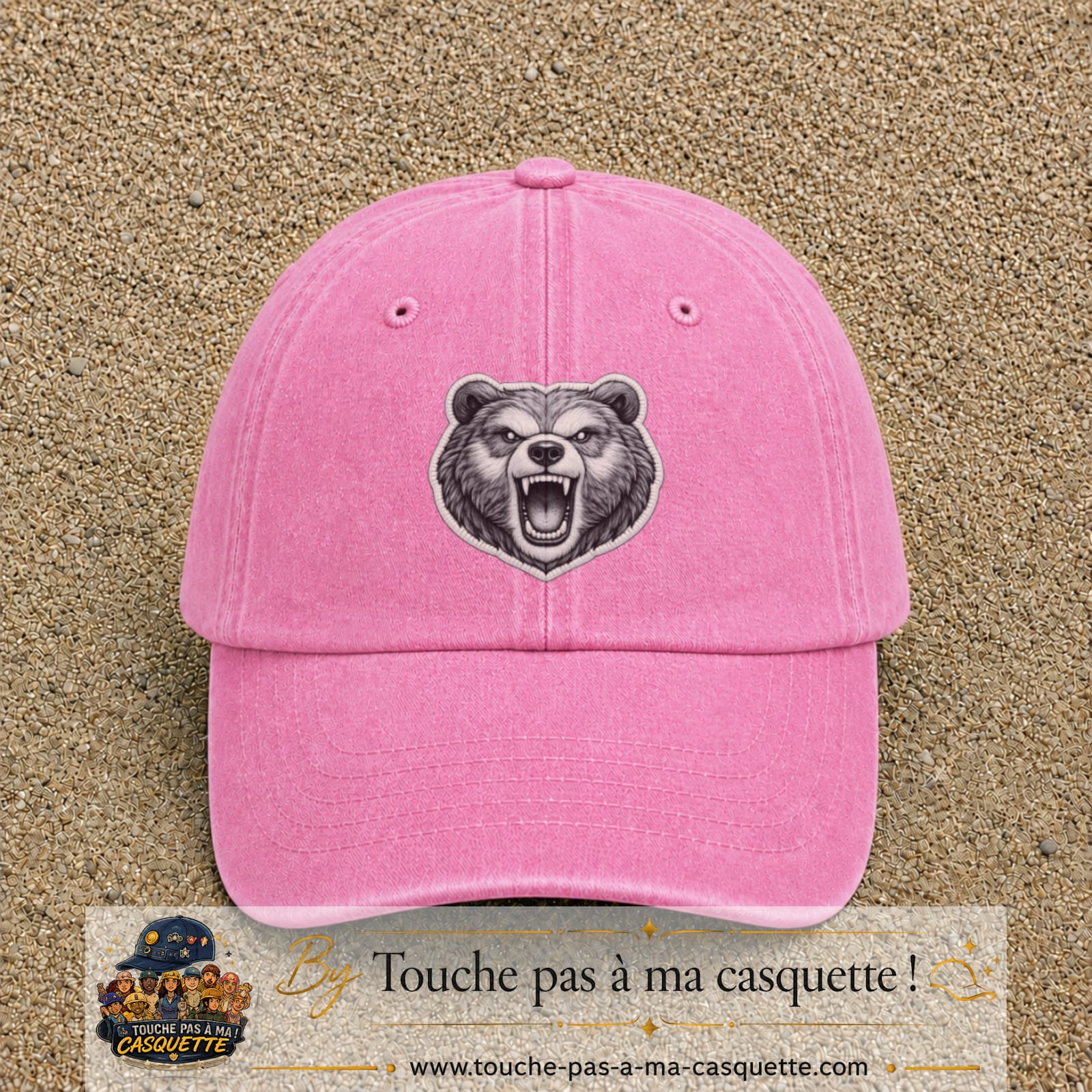 Casquette Rose délavé motif Ours rugissant 7 cm - vue principale