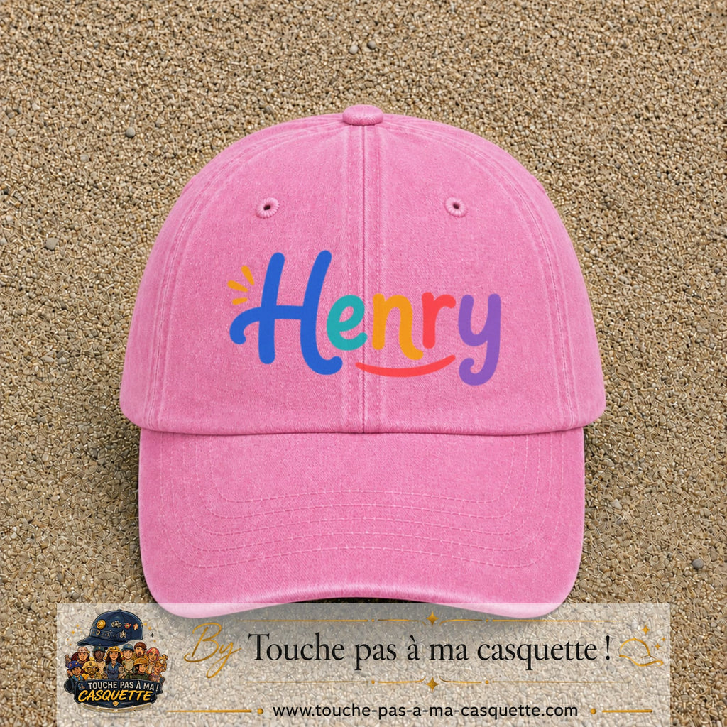 Casquette baseball Rose délavé 100% coton avec visuel Prénom Henry coloré 7 cm - image produit principale