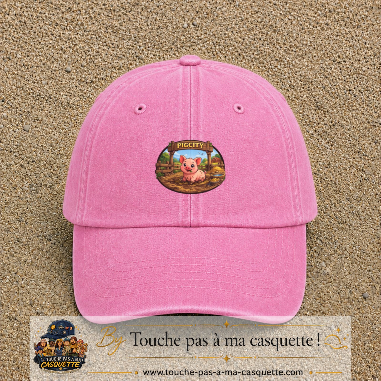 Casquette baseball Rose délavé 100% coton avec visuel Pigcity cochon 5 cm - image produit principale
