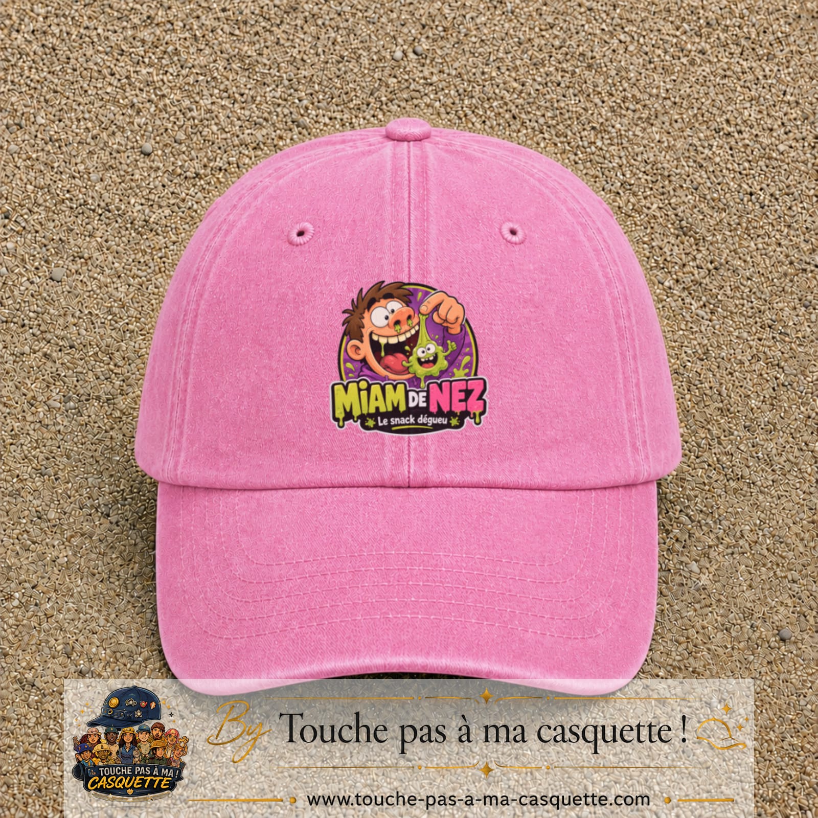 Casquette baseball Rose délavé 100% coton avec visuel Miam de nez 7 cm - image produit principale
