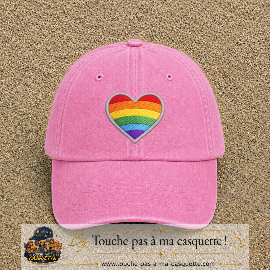 Casquette baseball Rose délavé 100% coton avec visuel Cœur arc-en-ciel 7 cm - image produit principale