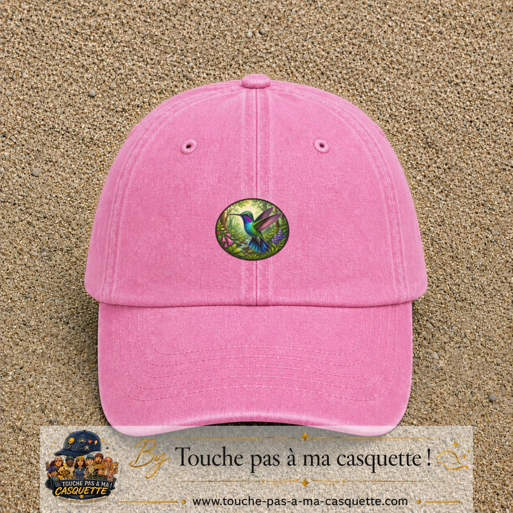 Casquette baseball Rose délavé 100% coton avec visuel Colibri tropical 5 cm - image produit principale