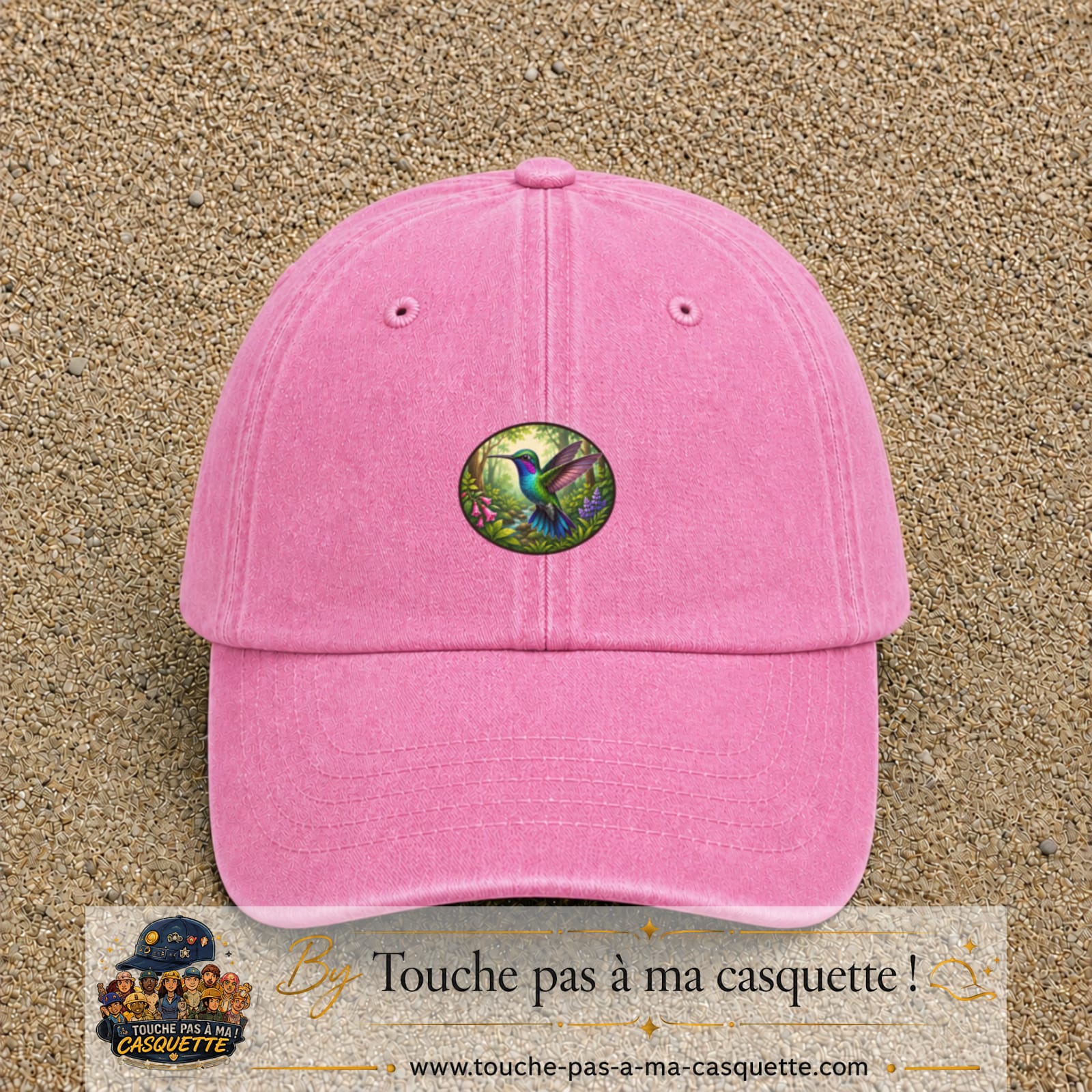 Casquette baseball Rose délavé 100% coton avec visuel Colibri tropical 5 cm - image produit principale