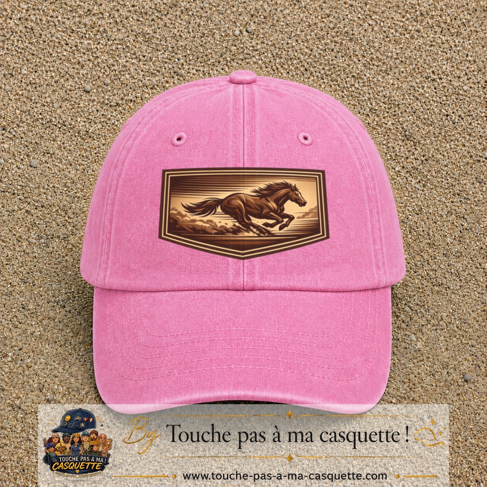 Casquette baseball Rose délavé 100% coton avec visuel Cheval en course 7 cm - image produit principale