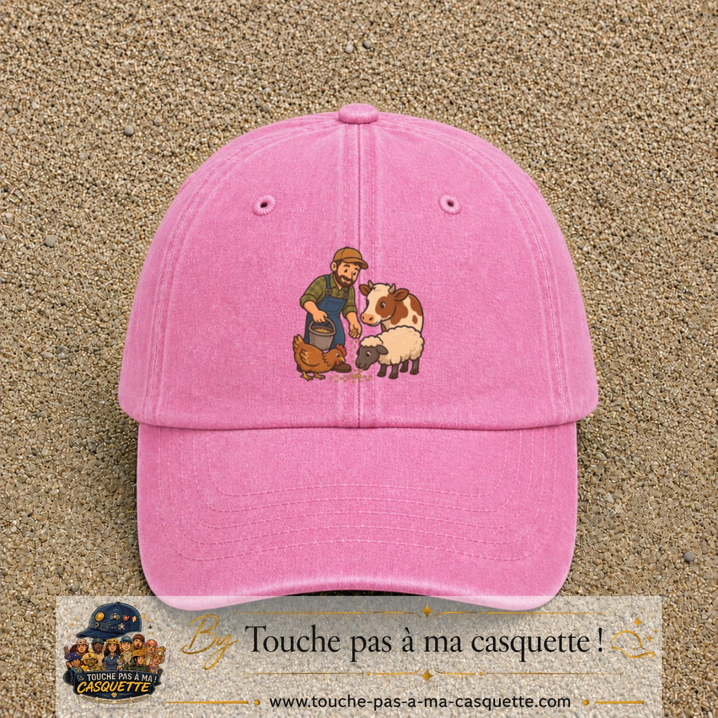 Casquette Rose délavé 100% coton avec motif Fermier et animaux 7 cm - image principale