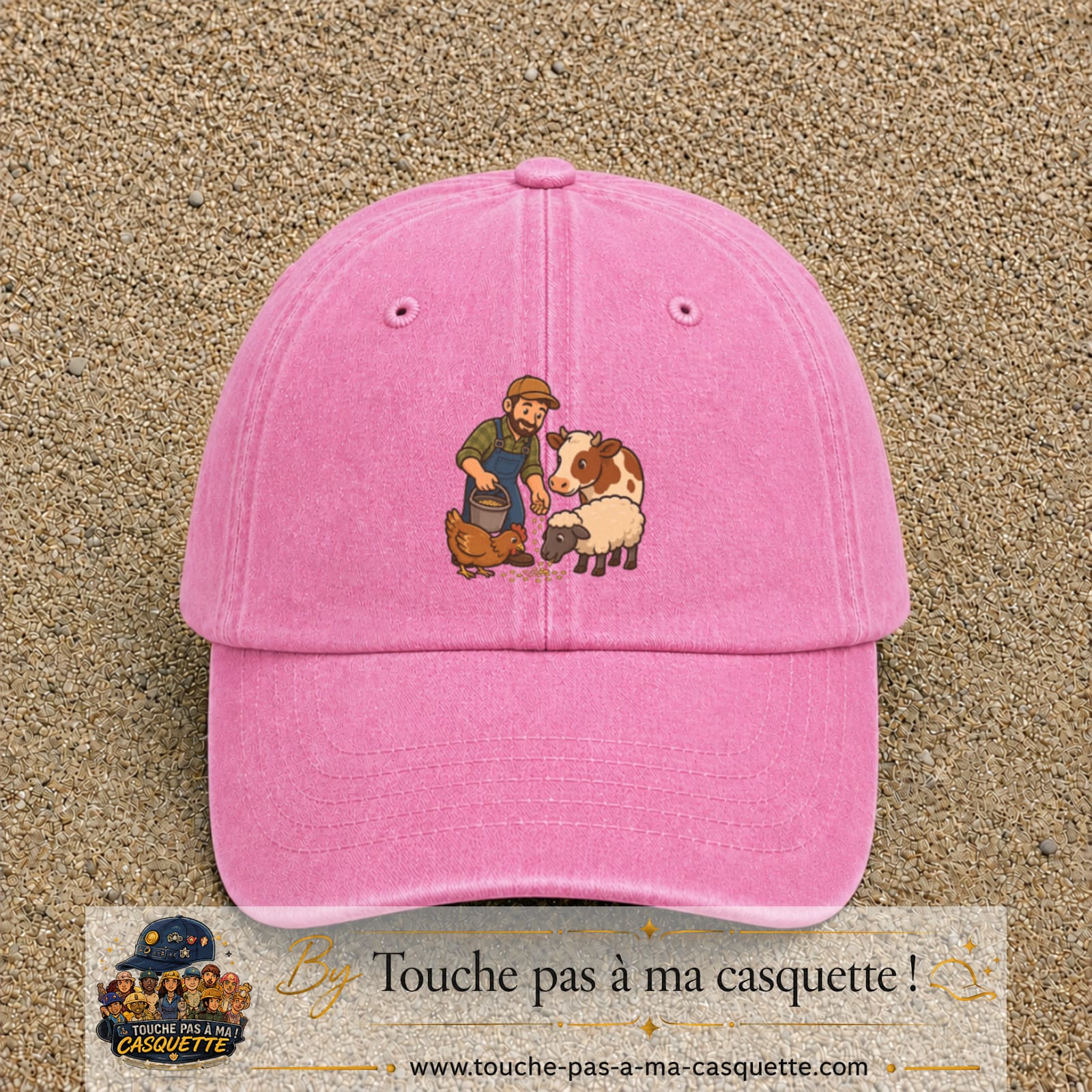 Casquette Rose délavé 100% coton avec motif Fermier et animaux 7 cm - image principale