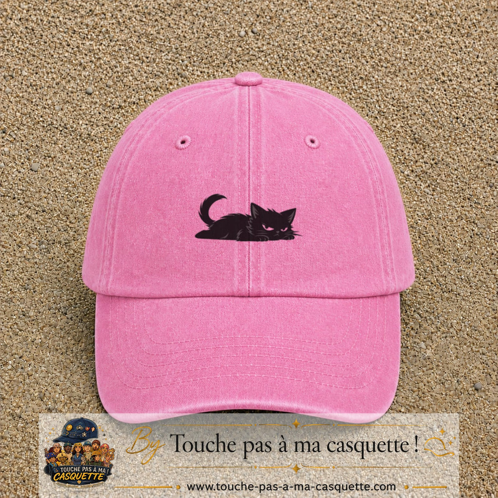 Casquette baseball Rose délavé 100% coton avec visuel Chat noir couché 3 cm - image produit principale