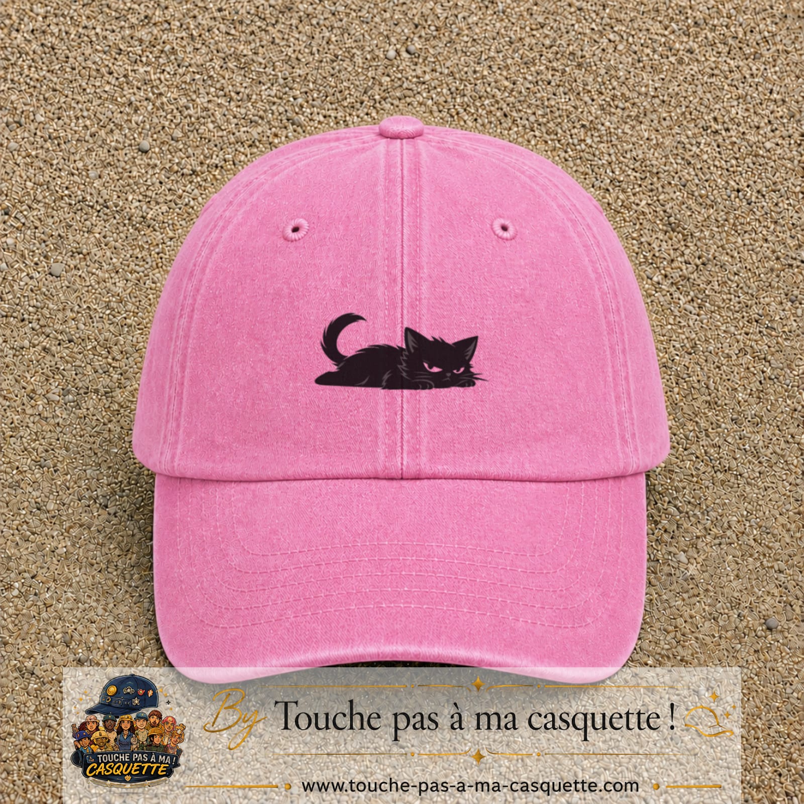 Casquette baseball Rose délavé 100% coton avec visuel Chat noir couché 3 cm - image produit principale