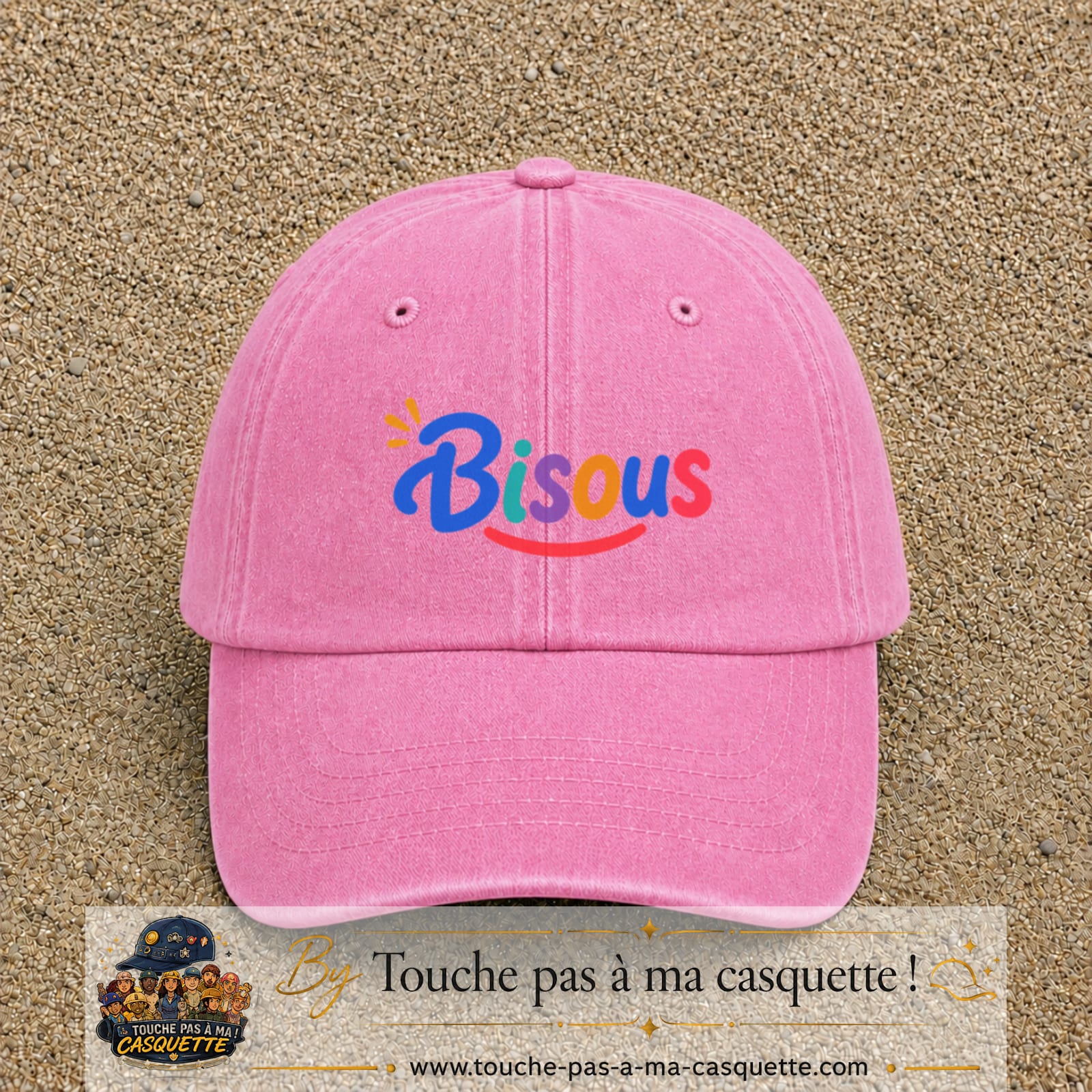 Casquette baseball Rose délavé 100% coton avec visuel Bisous coloré 5 cm - image produit principale